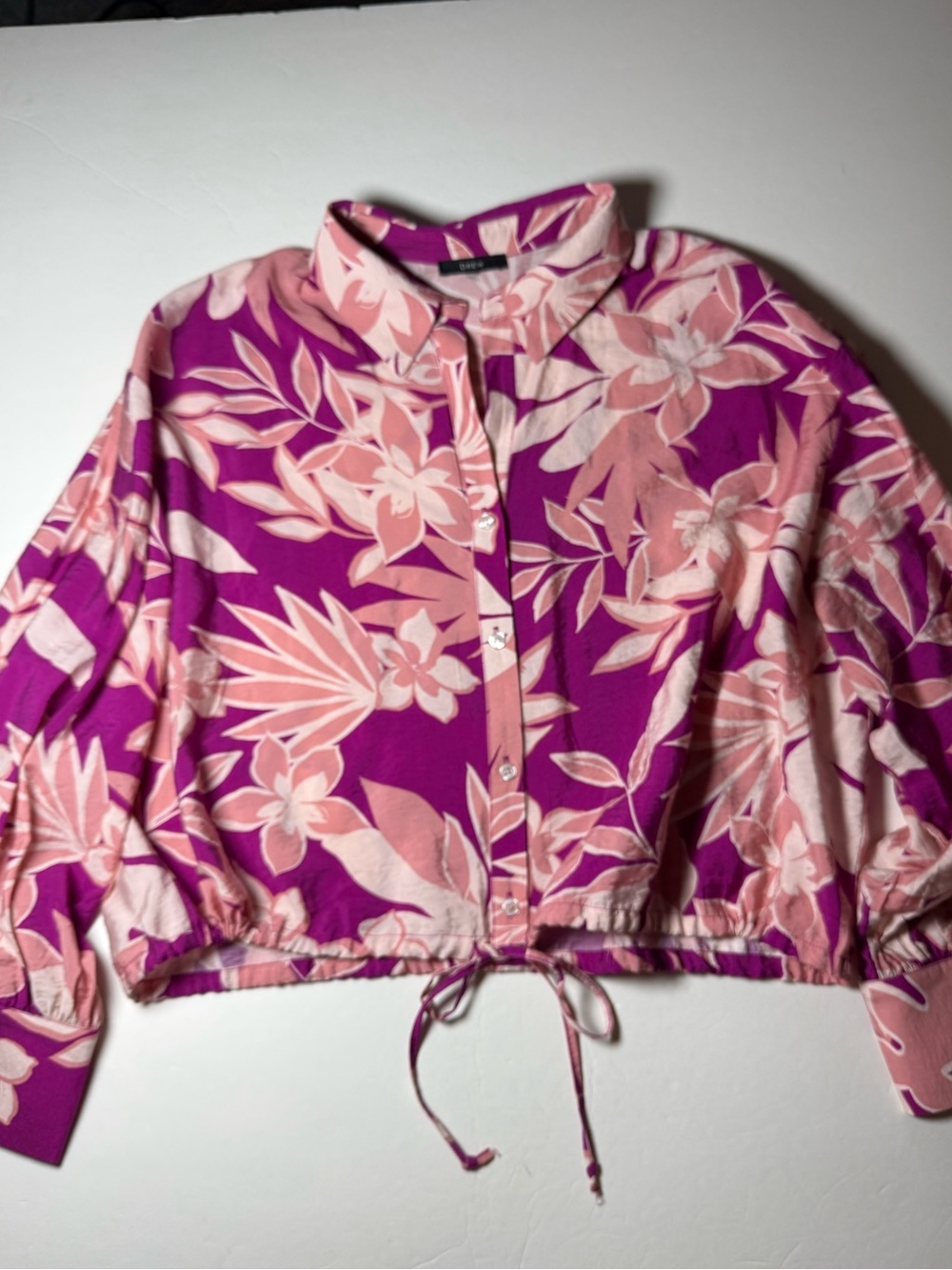 DREW Anthropologie Tropical Floral Cropped Button Down Blouse Pink Purple